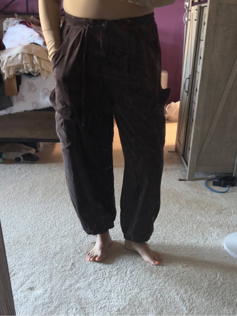 NWT Mustard Seed Brown Cargo Coduroy Jogger Pants with Elastic Cuffs